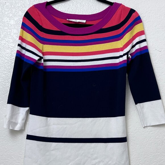 Boston Proper Pullover Sweater Top Sz M Multicolor Stripe Knit 3/4 Sleeve Preppy - Picture 1 of 9